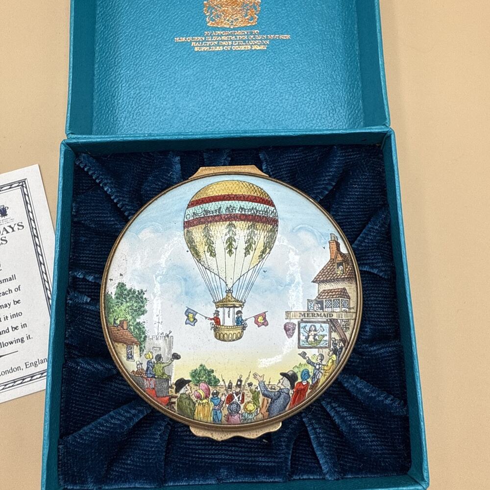 Halcyon Days Bilston Battersea Enamel Trinket Box Hot Air Balloon Mermaid Tavern